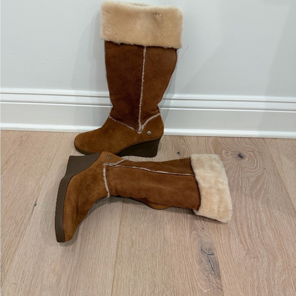 Women's Tan Suede Wedge Shearling Boots - Picture 2 of 5